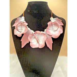 Vintage Pink Leather Flower and White Beaded Necklace On Leather Chord Tie Back